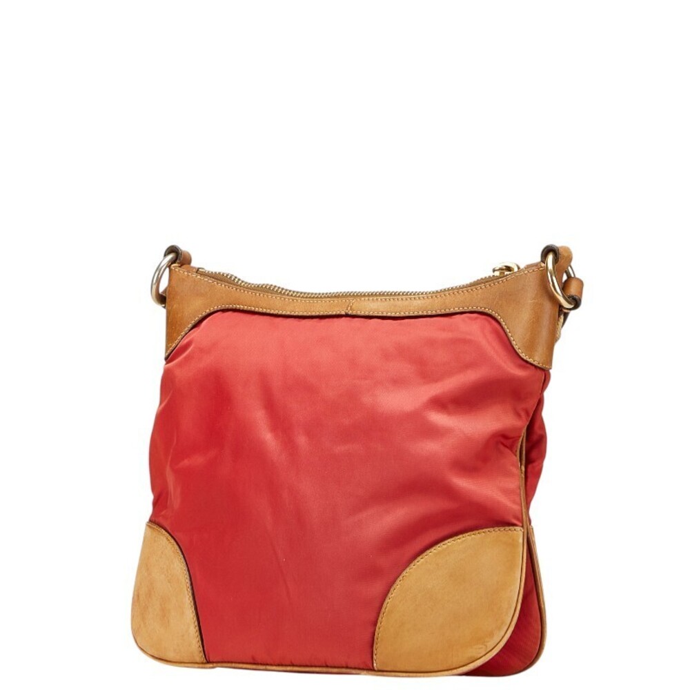 Prada triangular nylon plaque crossbody bag leather logo red shoulder brown